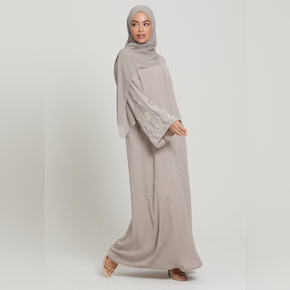 Premium Textured Embellished Open Abaya - French Oak